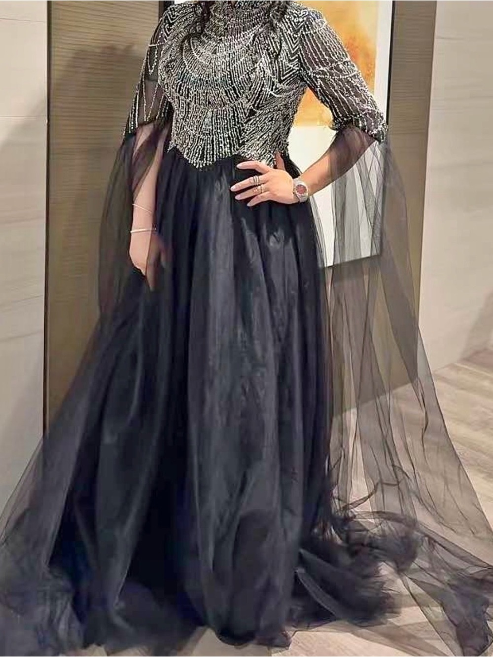 Elegant Black Beaded Evening Gown